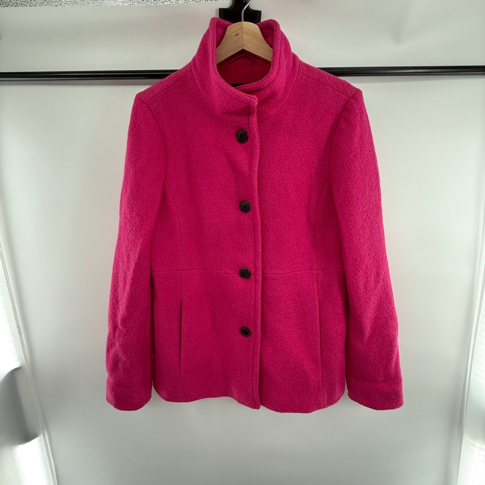 Lands' End Wool Blend‎ Coat Women's 10 Hot Pink Button Front Stand Collar